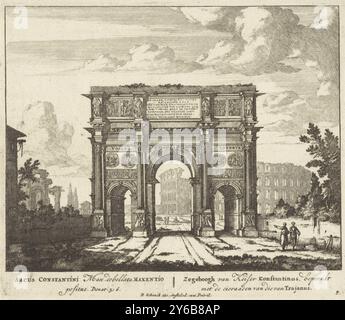 Arc de Constantin avec le Colisée en arrière-plan, Arc de triomphe de l'empereur Constantin, décoré des ornements de Trajan (titre sur objet), vues à Rome (titre de la série), estampe, imprimeur : anonyme, éditeur : Pieter Schenk (I), (mentionné sur l'objet), inconnu, (mentionné sur l'objet), Amsterdam, 1675 - 1711, papier, gravure, hauteur, 165 mm × largeur, 192 mm Banque D'Images