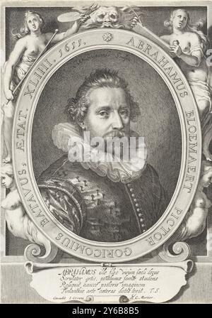 Portrait d'Abraham Bloemaert, portrait du peintre, dessinateur et graveur Abraham Bloemaert, à l'âge de 44 ans. A côté du cadre les personnifications de la peinture, avec bâton de peinture et palette, et le dessin, avec pinceau et encrier. Au milieu un couplet de quatre lignes en latin., imprimé, imprimeur : Willem Isaacsz. Van Swanenburg, Theodorus Schrevelius, (mentionné sur l'objet), éditeur : Covens & mortier, (mentionné sur l'objet), imprimeur : Leiden, éditeur : Amsterdam, 1611 et, ou 1720 - 1772, papier, gravure, hauteur, 220 mm × largeur, 155 mm Banque D'Images