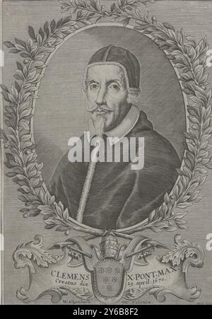 Portrait du pape Clément X, estampe, imprimeur : G.C. Stich, (mentionné sur l'objet), éditeur : W. Altenbach, (mentionné sur l'objet), Cologne, 1670 - 1682, papier, gravure, hauteur, 197 mm × largeur, 138 mm Banque D'Images