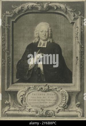 Portrait de Jacobus Boon, Portrait de Jacobus Boon, prédicateur à Amsterdam, à l'âge de 61 ans., estampe, imprimeur : Pieter Tanjé, (mentionné sur l'objet), après peinture par : Jan Maurits Quinkhard, (mentionné sur l'objet), Amsterdam, 1752, satin, gravure, gravure, hauteur, 365 mm × largeur, 259 mm Banque D'Images