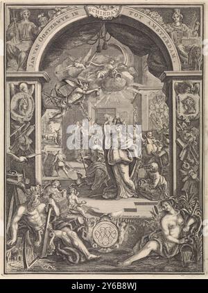 Représentation allégorique du commerce des tissus, Jan van Oosterwyk de Schiedam à Amsterdam (titre sur objet), représentation allégorique du commerce des tissus. Minerva, en tant que patronne de la filature et du tissage, est flanquée de Justice avec des écailles et prudence avec un miroir. Mercure, le Dieu du commerce, s'envole et Fortuna répand ses richesses à partir d'un nuage. En arrière-plan, les gens achètent à un comptoir et les marchandises sont amenées par les navires. Autour de la scène est une porte avec la personnification de la navigation en haut à gauche et la ville vierge d'Amsterdam en haut à droite. En dessous du flux Banque D'Images