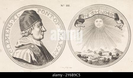 Médaille avec portrait de buste du pape Clément XI, feuille avec l'avers et le revers d'une médaille. A gauche : portrait du buste de Clément Xi à droite : paysage avec un soleil radieux et une banderole : Cunctis Clemens. Numéroté en haut : N. III., imprimeur, imprimeur : Jan Punt, (mentionné sur l'objet), Amsterdam, 1732, papier, gravure, gravure, hauteur, 111 mm × largeur, 203 mm Banque D'Images