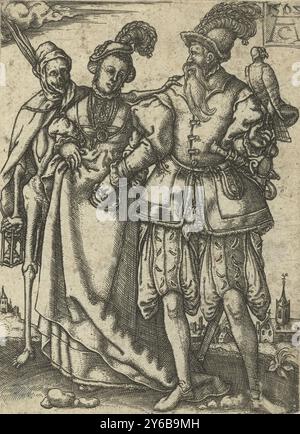 Couple with Death, Dance of Death (titre de la série), imprimé d'une série de sept. Femme et homme avec faucon sur le bras, sont embrassés par la mort avec sablier dans la main droite., impression, imprimeur : monogrammist AC (16e eeuw), (mentionné sur l'objet), imprimeur : Allaert Claesz., (éventuellement), après conception par : Tobias Stimmer, (éventuellement), Low Countries, 1562, papier, gravure, hauteur, 88 mm × largeur, 64 mm Banque D'Images