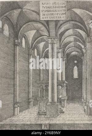 Intérieur de la synagogue de Ratisbonne, iudaica ratispona synagoga iusto dei iudico fundits est eversa (titre sur l'objet), intérieur de la synagogue de Ratisbonne. L'espace est de deux baies de large, avec l'Arche entre les deuxième et troisième colonnes de la rangée médiane de colonnades., impression, imprimeur : Albrecht Altdorfer, (mentionné sur l'objet), après son propre design par : Albrecht Altdorfer, Allemagne, 1519, papier, gravure, hauteur, 172 mm × largeur, 126 mm Banque D'Images