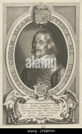 Portrait de Franziscus Nerlius, Celeberrimi ad pacificandum Christiani nominis orbem legati Monasterium et Osnabrugas (...) (titre de la série), Portrait de Franziscus Nerlius, Comte de Valdere, envoyé lors des négociations de paix de Münster. Portrait en ovale avec écriture de bordure, sous le portrait de ses armoiries de famille., estampe, imprimeur : Cornelis Galle (II), (mentionné sur l'objet), après peinture par : Anselm van Hulle, (mentionné sur l'objet), Ferdinand III (Duits keizer), (mentionné sur l'objet), Anvers, 1648, papier, gravure, hauteur, 308 mm × largeur, 195 mm Banque D'Images