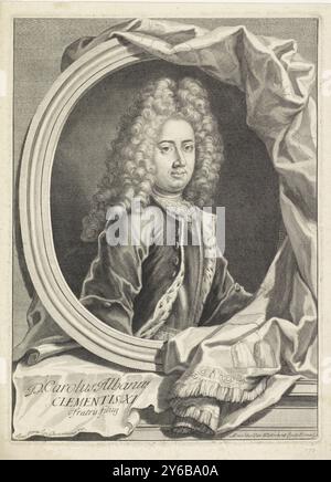 Portrait de Carlo Albani, Portrait de Carlo Albani, père du pape Clément XI. L'écusson de la famille est sur la draperie autour de son portrait., estampe, imprimeur : Arnold van Westerhout, (mentionné sur l'objet), après peinture par : Pier Leone Ghezzi, (mentionné sur l'objet), Rome, 1680 - 1684, papier, gravure, gravure, hauteur, 269 mm × largeur, 197 mm Banque D'Images