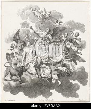 Allégorie du mariage du prince Guillaume IV et Anne d'Angleterre, 1734, allégorie du mariage du prince Guillaume IV et de la princesse Anne d'Angleterre le 25 mars 1734. Anges et figures allégoriques dans les nuages avec les armoiries du prince et de la princesse. Cette plaque comprend une feuille séparée avec une explication de la performance en rime., imprimeur, imprimeur : Claude Duflos, (mentionné sur l'objet), après conception par : Louis Fabritius Dubourg, (mentionné sur l'objet), éditeur : Jacobus Loveringh, (mentionné sur l'objet), France, 1734, papier, gravure, hauteur, 185 mm × largeur, 162 mm Banque D'Images