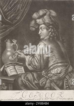 The Hearing, t' Hearing (titre sur l'objet), The Five Senses (titre de la série), Un homme en chapeau à plumes est assis jouant du violon à une table sur laquelle sa partition est placée. L'estampe fait partie d'une série de cinq estampes avec les cinq sens., estampe, imprimeur : anonyme, éditeur : Hendrik Visjager, Amsterdam, 1673 - 1694, papier, hauteur, 260 mm, largeur, 193 mm Banque D'Images