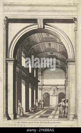 Une partie de la galerie autour de l'Hôtel des citoyens dans l'Hôtel de ville sur la place du Dam, de Galdery de la siende Groote Sael, Nord (titre sur l'objet), une partie de la galerie autour de l'Hôtel des citoyens dans l'Hôtel de ville sur la place du Dam à Amsterdam. Vue de la galerie est jusqu'à l'angle de la galerie nord avec la statue de Saturne. Figures marchant et parlant dans la galerie. Sous le titre un bâton d'échelle : 20 pieds Maet. Marqué en bas à droite : W. le titre a été barré à la main et traduit en texte français manuscrit., print, print Maker : Dancker Danckerts, (éventuellement), print Maker : Cornelis Banque D'Images