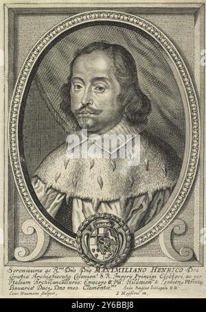 Portrait de Maximilien Henri de Bavière, archevêque de Cologne, Théâtre des évêques, empereurs, rois, Dukes, Princes, etc. (titre de la série), Theatrum pontificum, imperatorum, regum, ducum, principum, etc. (titre de la série), Portrait de Maximilien Henri de Bavière, archevêque de Cologne. Ses armoiries sont sur le cadre du portrait. Dans la marge une légende de quatre lignes en latin., estampe, imprimeur : Coenraet Waumans, (mentionné sur l'objet), éditeur : Joannes Meyssens, (mentionné sur l'objet), Andreas Bingen, (mentionné sur l'objet), Anvers, 1633 - 1673, papier, gravure, hauteur, 165 mm × largeur, 113 mm Banque D'Images