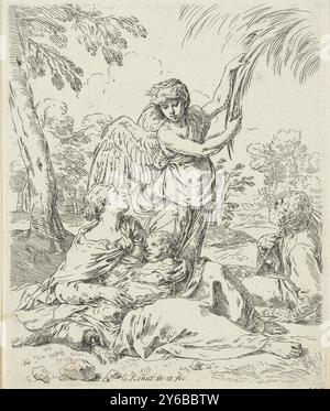 Repose sur la fuite en Egypte, la Sainte famille repose dans un paysage pendant la fuite en Egypte. Marie tète le Christ enfant. Un ange se tient avec la famille., impression, imprimeur : Simone Cantarini, imprimeur : Guido Reni, (attribution rejetée), après conception par : Guido Reni, (attribution rejetée), Italie, 1622 - 1648, papier, gravure, hauteur, 208 mm × largeur, 175 mm Banque D'Images