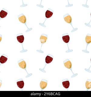 Ce motif vibrant présente des verres à vin et des collations, idéales pour les événements ou les rassemblements sur le thème culinaire. Art numérique dans le style aquarelle, pour l'impression sur tissu et papier. Banque D'Images