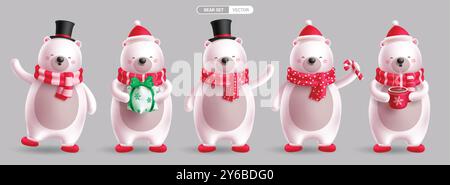 Conception d'ensemble vectoriel de personnages d'ours polaire de Noël. Ours polaire noël personnage mignon tenant la boîte-cadeau, le café et portant le chapeau et le costume d'écharpe Illustration de Vecteur