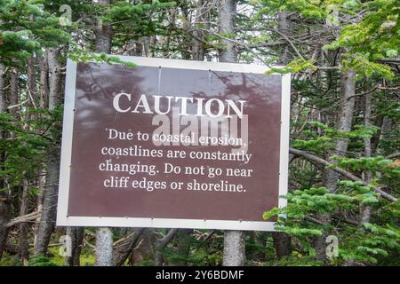 Signe d'avertissement d'érosion côtière près des bords de falaise affiché sur deux arbres sur le sentier au phare de Ferryland, Terre-Neuve-et-Labrador, Canada Banque D'Images