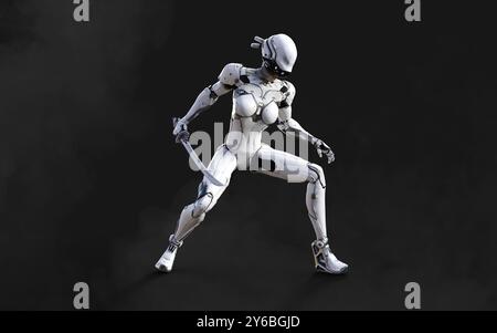Illustration 3d d'Une pose de ninja cyborg femme avec katana sur fond blanc. Banque D'Images