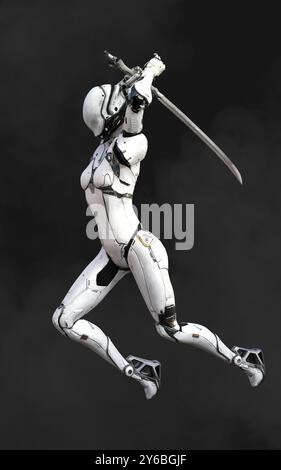 Illustration 3d d'Une pose de ninja cyborg femme avec katana sur fond blanc. Banque D'Images