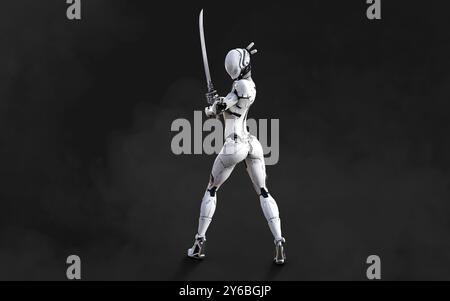 Illustration 3d d'Une pose de ninja cyborg femme avec katana sur fond blanc. Banque D'Images