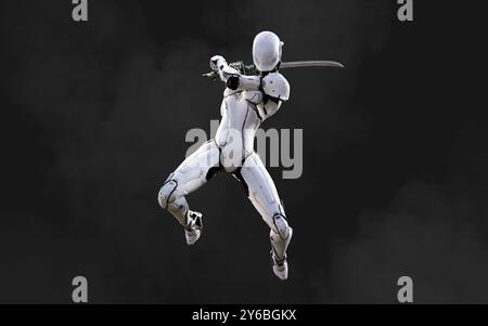 Illustration 3d d'Une pose de ninja cyborg femme avec katana sur fond blanc. Banque D'Images