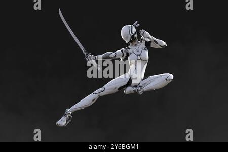 Illustration 3d d'Une pose de ninja cyborg femme avec katana sur fond blanc. Banque D'Images