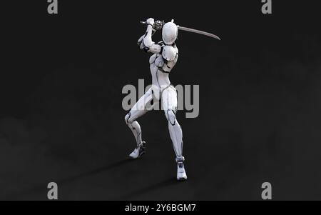 Illustration 3d d'Une pose de ninja cyborg femme avec katana sur fond blanc. Banque D'Images