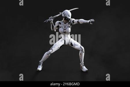 Illustration 3d d'Une pose de ninja cyborg femme avec katana sur fond blanc. Banque D'Images