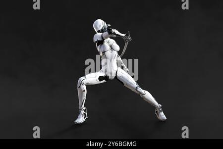 Illustration 3d d'Une pose de ninja cyborg femme avec katana sur fond blanc. Banque D'Images