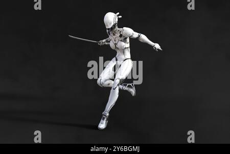 Illustration 3d d'Une pose de ninja cyborg femme avec katana sur fond blanc. Banque D'Images