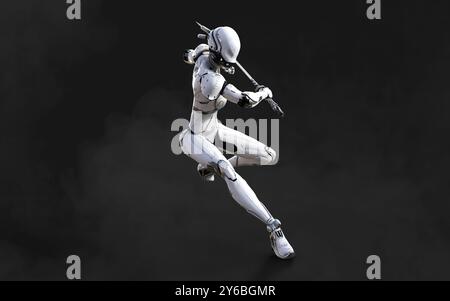 Illustration 3d d'Une pose de ninja cyborg femme avec katana sur fond blanc. Banque D'Images