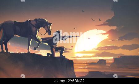 Une scène dramatique d'un cow-boy assis à côté de son cheval, pointant son arme du bord d'une falaise, silhouetté contre un coucher de soleil vif, style d'art numérique Banque D'Images