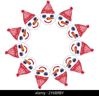 Cadre rond avec portraits de bonhommes de neige. Illustration aquarelle. Fond blanc et espace de copie. Les bonhommes de neige ont un chapeau tricoté rouge avec un ballon. Gros rou Banque D'Images