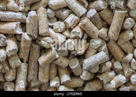 Gros plan des palettes en bois utilisées pour le chauffage. Biocarburants pour poêle, vue de dessus. Concept d'écologie et énergie alternative Banque D'Images