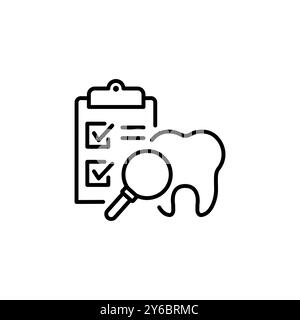 Icône de dentiste de contrôle, dent avec loupe, examen dentaire, symbole de ligne mince isolé sur fond blanc, illustration vectorielle de trait modifiable Illustration de Vecteur