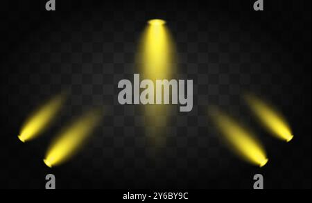 Trois faisceaux de projecteurs doux jaunes sur un fond transparent. Des lumières chaudes et lumineuses parfaites pour la scène, le théâtre ou les concepts de conception de spot à la pression Illustration de Vecteur