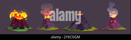Éruption volcanique avec lave coulante et nuage de fumée sur l'île. Ensemble d'illustration vectorielle de dessin animé d'éléments de paysage de la période Jurassique de l'interface utilisateur du jeu. La montagne rocheuse entre en éruption et explose avec du magma orange chaud. Illustration de Vecteur