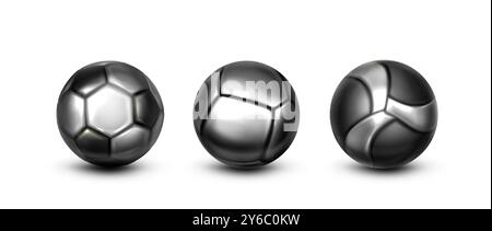 Ensemble 3D de balles de football isolé sur fond blanc. Illustration réaliste vectorielle de football noir et argent, accessoire de handball et de volley-ball, trophée de tournoi sportif, prix du vainqueur du championnat Illustration de Vecteur