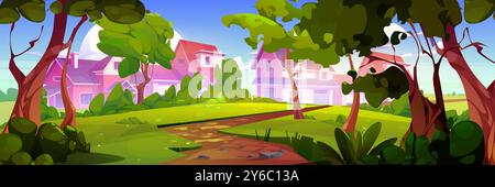 Vue sur le paysage de banlieue de la forêt avec des arbres verts et de l'herbe, chemin de sol menant aux maisons familiales avec cours. Illustration vectorielle de dessin animé de la scène de quartier de campagne de banlieue avec des chalets. Illustration de Vecteur