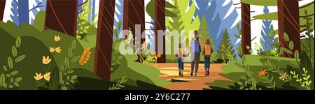 Randonnée en famille dans la forêt nature scène couleurs vibrantes feuillage détaillé grands arbres fleurs verdure aventure en plein air bannière de paysage Illustration de Vecteur