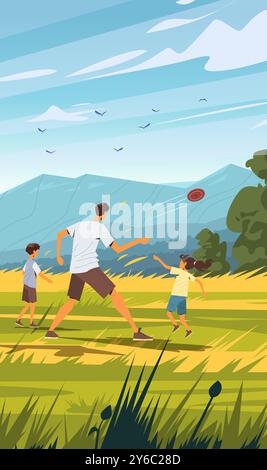 Famille jouant Frisbee en plein champ avec fond de montagnes couleurs vibrantes oiseaux dans le ciel père et les enfants appréciant l'activité de plein air en été Illustration de Vecteur