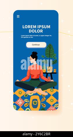 Femme méditant yoga pose plantes d'intérieur femme colorée méditant dans une pose de yoga sur un tapis à motifs entouré de plantes d'intérieur couleurs vives bleu Illustration de Vecteur