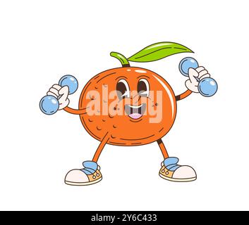 Personnage de fruit de mandarine groovy de dessin animé rétro. Fruit orange joyeux vecteur isolé avec une feuille verte sur le dessus, soulevant des haltères. un personnage énergique, heureux et sain favorise la forme physique et la vitalité Illustration de Vecteur