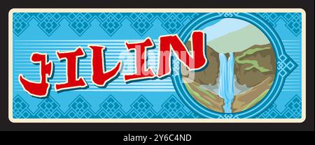 Province de Jilin du pays chinois, territoire du nord-est de la Chine. Plaque de voyage de vecteur, signe vintage, design de carte postale rétro. Vieille plaque avec chute d'eau de Changbai Mountain et ornement oriental Illustration de Vecteur