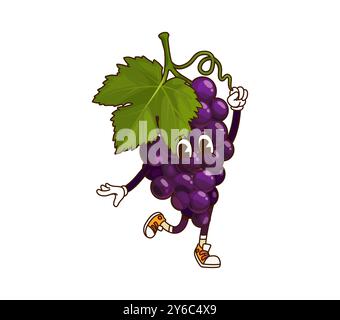 Personnage de Thanksgiving de fruit de raisin groovy de dessin animé. Bouquet ludique vecteur isolé de personnages de raisins avec une feuille verte, exsudant la joie funky et l'énergie rétro avec une pose vivante et une expression joyeuse Illustration de Vecteur