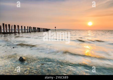 Lever de soleil doré sur la rive du lac de Constance avec jetée. Près d'Altnau dans le canton de Thurgau, Suisse Banque D'Images