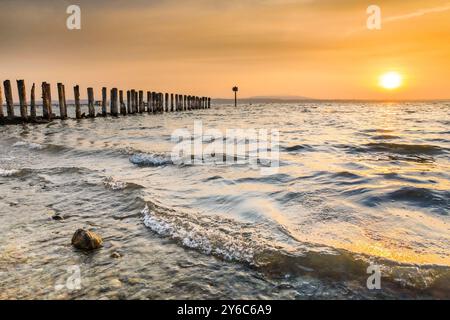 Lever de soleil doré sur la rive du lac de Constance avec jetée. Près d'Altnau dans le canton de Thurgau, Suisse Banque D'Images