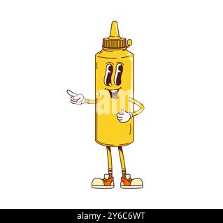 Personnage de sauce moutarde groovy de dessin animé avec visage drôle, vecteur comique compris Sauce de fast food rétro groovy ou bouteille de moutarde avec sourire joyeux bizarre pour le menu fast food ou hot dog Illustration de Vecteur