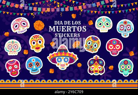 Autocollants de jour des morts crânes de calavera de sucre de vacances, vecteur mexicain Dia de los Muertos décoration de festival. Cartoon Mexico Death Skulls de Catrina Calavera squelettes avec maquillage festif, fleurs Illustration de Vecteur