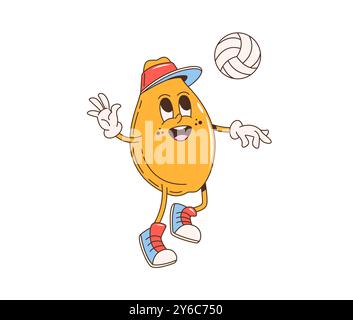 Personnage de fruit de papaye groovy de dessin animé rétro avec une expression heureuse, portant un chapeau et des baskets, et jouant au volley-ball. La papaye orange vectorielle isolée dégage une ambiance estivale amusante, sportive et nostalgique Illustration de Vecteur