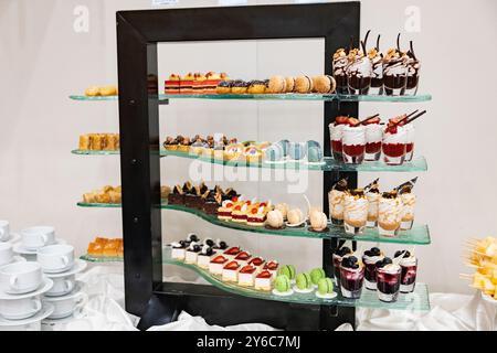 Différents types de desserts sucrés, mousses. Buffet de desserts avec mousse au chocolat blanc et noir avec des fruits dans un pot Banque D'Images