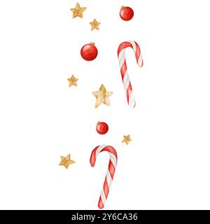 Motif sans couture aquarelle avec bonbons de Noël, étoiles, boules d'arbre de Noël sur fond blanc Banque D'Images