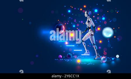 Apprentissage de L'IA ou de l'intelligence artificielle. Apprentissage automatique des réseaux neuronaux artificiels. Femme robot ou cyborg avec IA monte des escaliers futuristes de science-fiction Illustration de Vecteur